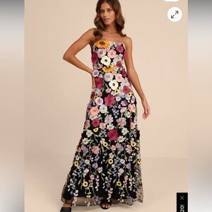 Lulus Strapless Black Floral Embroidered Maxi Dress
